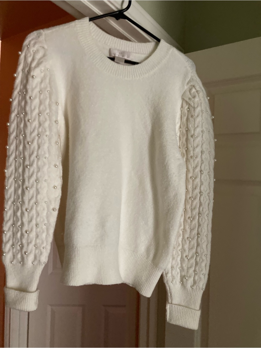 Rachel Parcell Cream Pearl-Embellished Cable Sleeve Crew Sweater